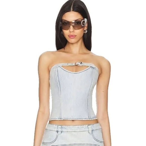 NWT BY.DYLN Immy Top in Blue denim strapless corset top - Size M - Picture 1 of 7